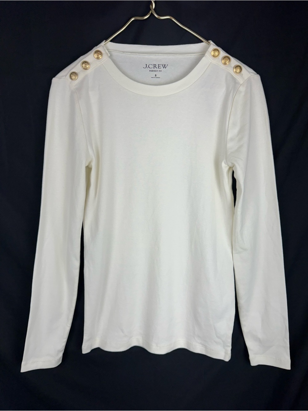 J.Crew Perfect Fit Long Sleeve T-Shirt Small S White Ivory Gold Button Shoulder